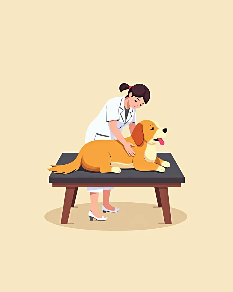 수의사가 강아지 고환 부위를 만지며 검사하는 장면