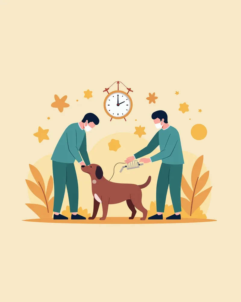 수술 중인 강아지의 고환 제거 과정을 강조한 의학적 일러스트