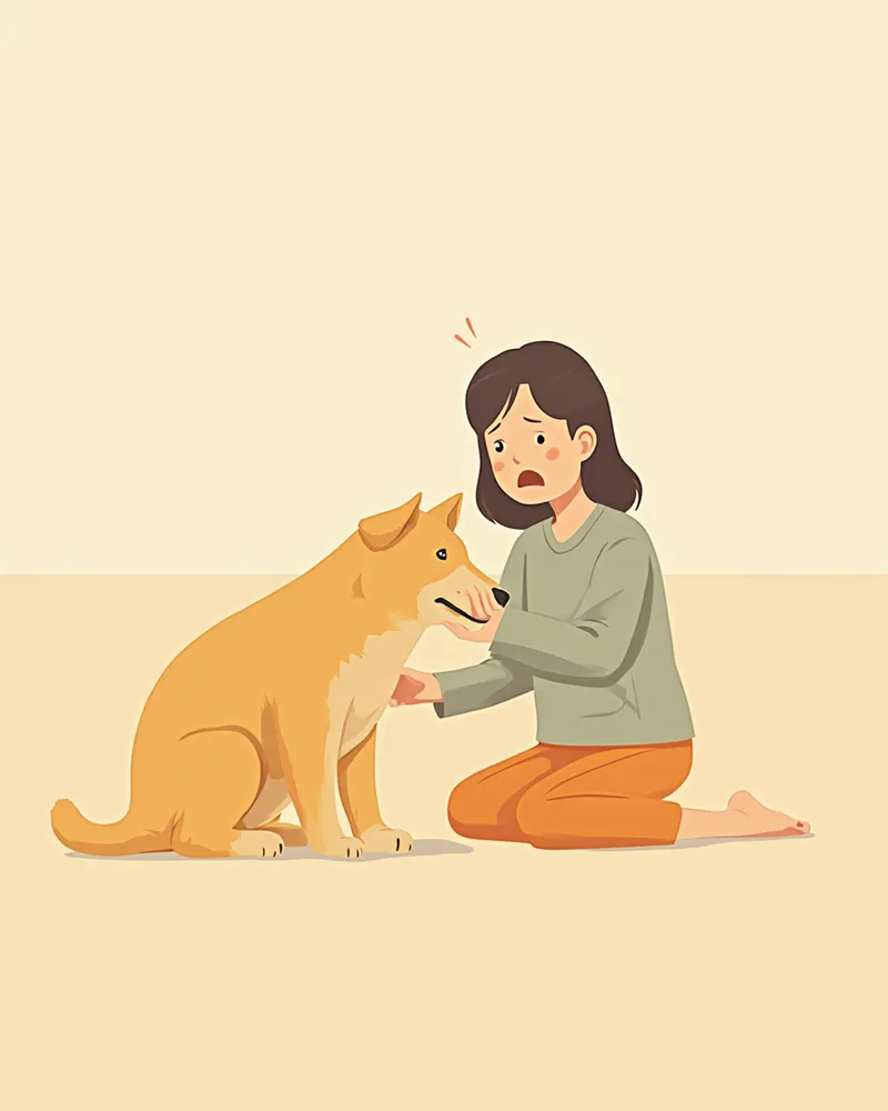 기운 없이 앉아있는 강아지와 걱정스러운 표정의 보호자