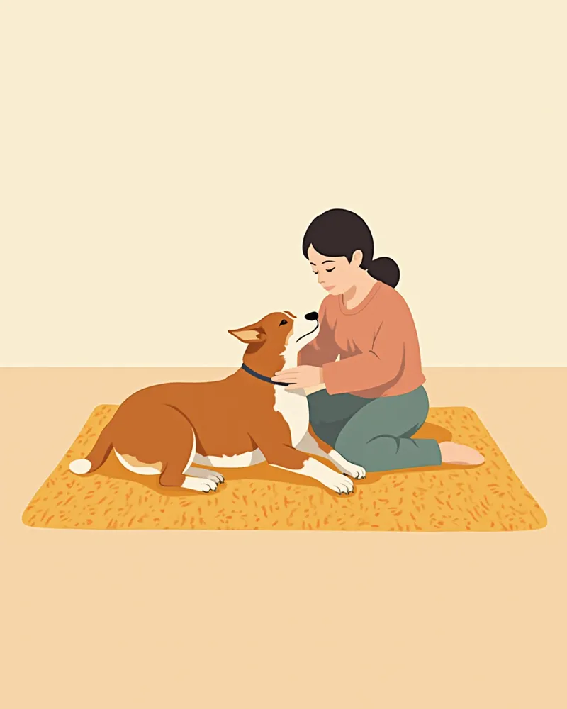 보호자가 가정에서 강아지 목 수술 부위를 부드럽게 살피는 장면