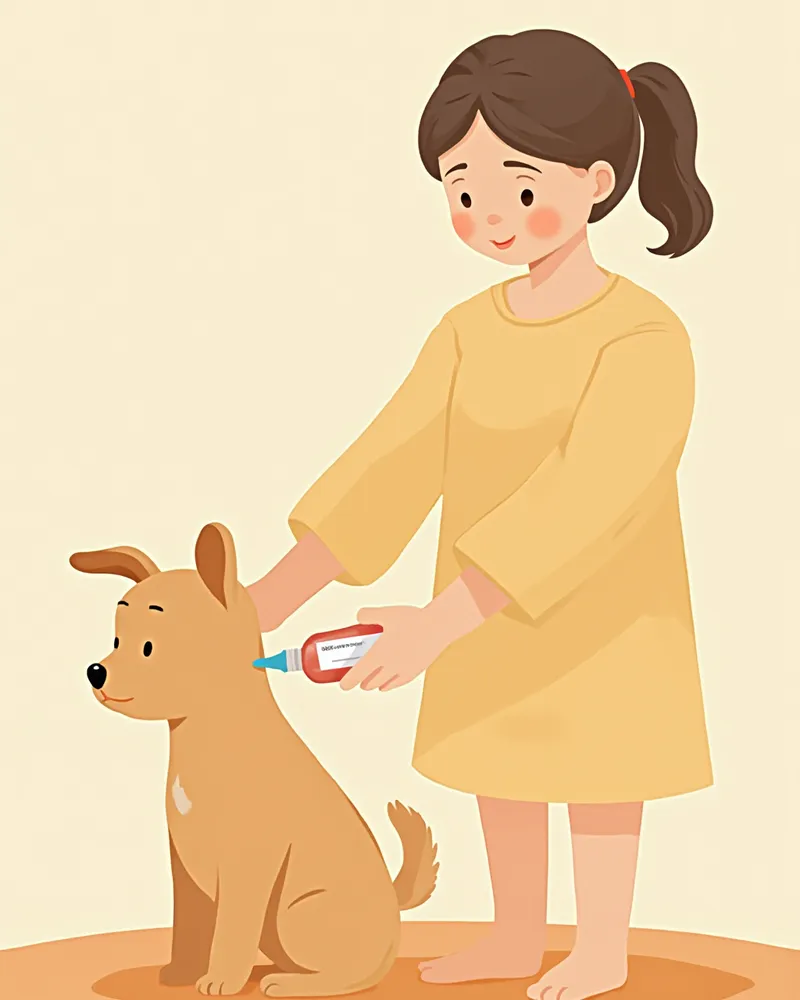 강아지 어깨뼈 사이에 스팟온 진드기약을 바르는 보호자