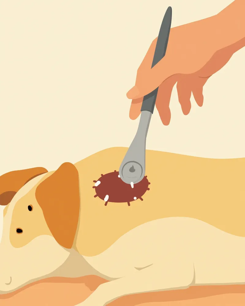 진드기 전용 제거 도구로 강아지 피부에 박힌 진드기를 천천히 돌려 빼는 올바른 사용법