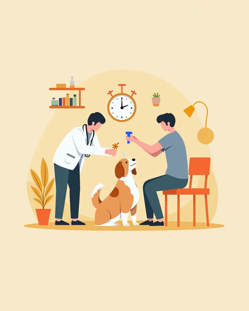 수의사가 발치 후 구강 관리 방법을 강아지 주인에게 설명하는 모습