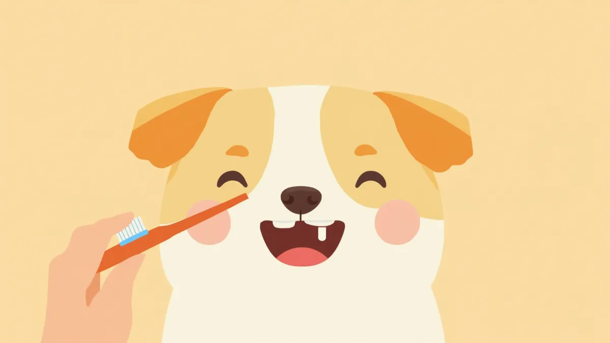 건강한 치아를 가진 강아지와 양치 도구