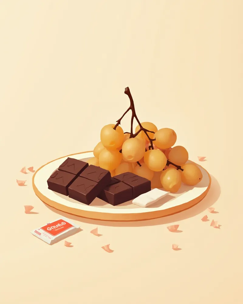 초콜릿, 포도, 자일리톨 껌이 위험 표시와 함께 놓인 사진