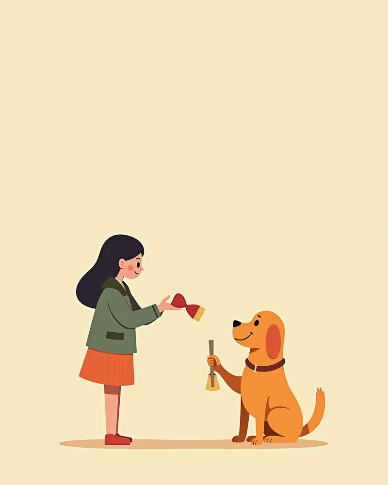 강아지가 장난감을 놓아주고 간식을 받는 모습
