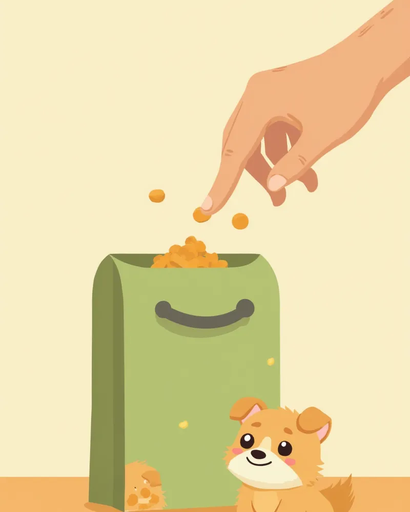 사료 알갱이를 트레이닝 파우치에 담는 보호자와 강아지