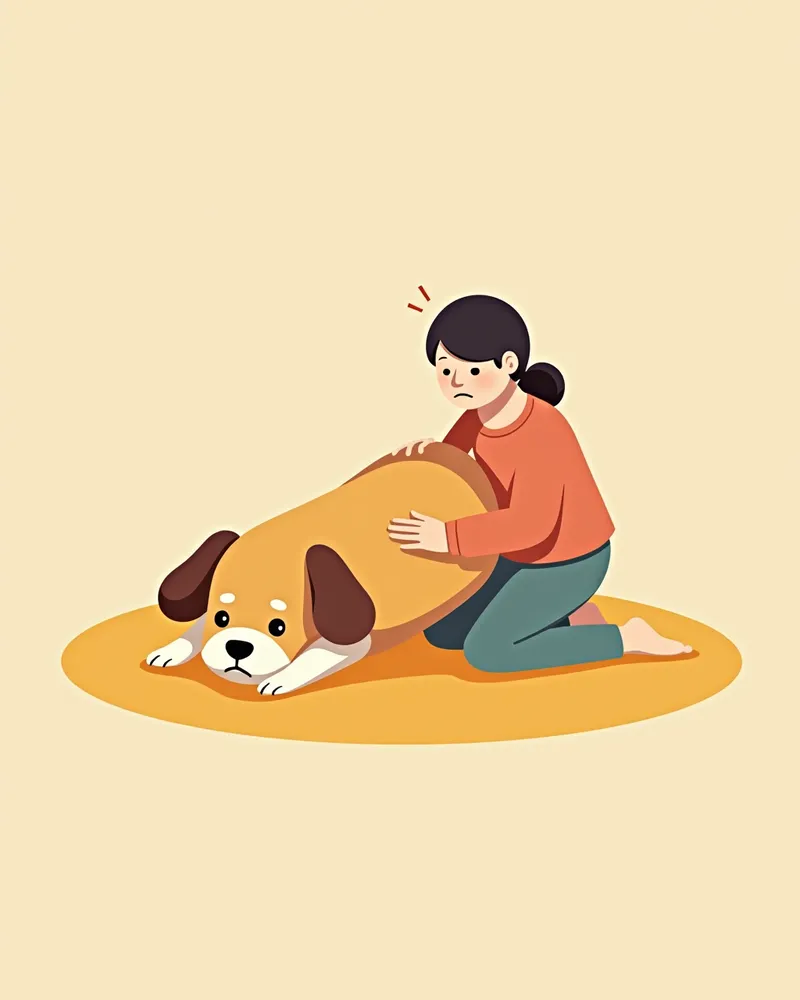 기운 없이 누워 있는 강아지 옆에서 걱정스럽게 살피는 보호자