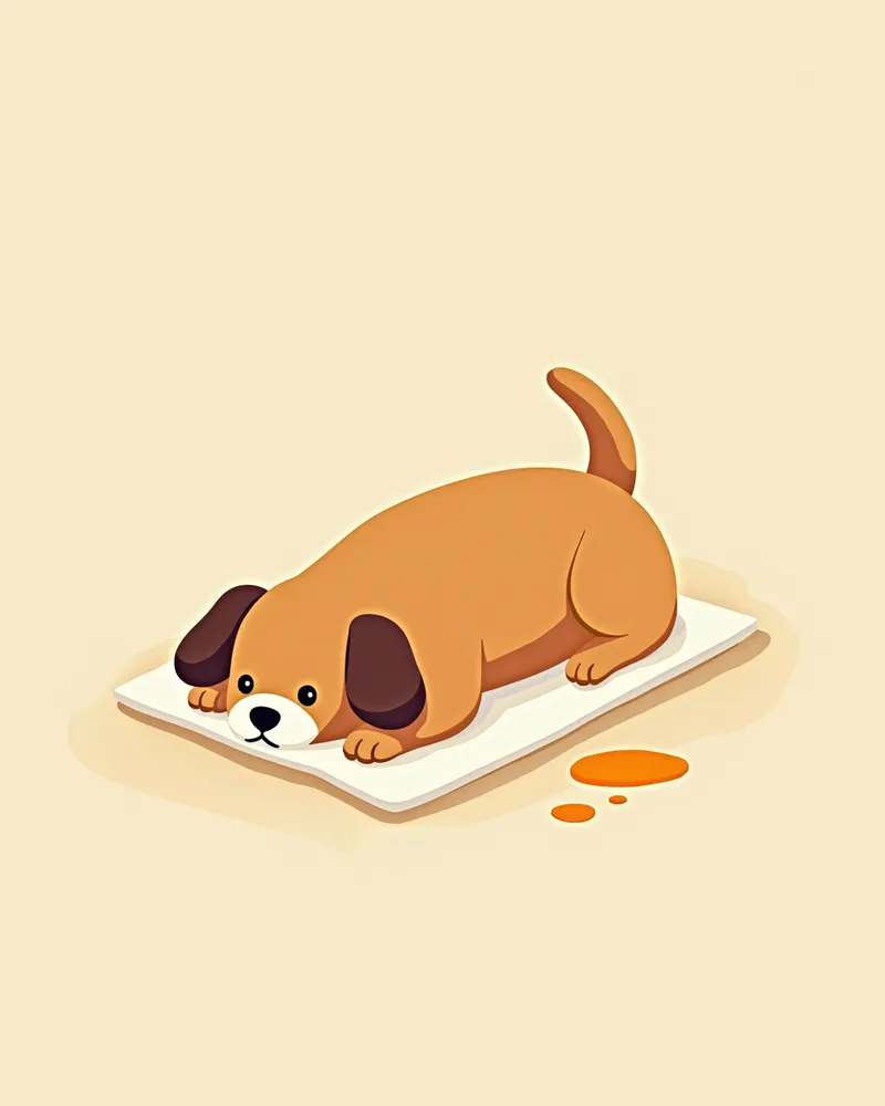 강아지가 침대에서 요실금을 보이는 모습