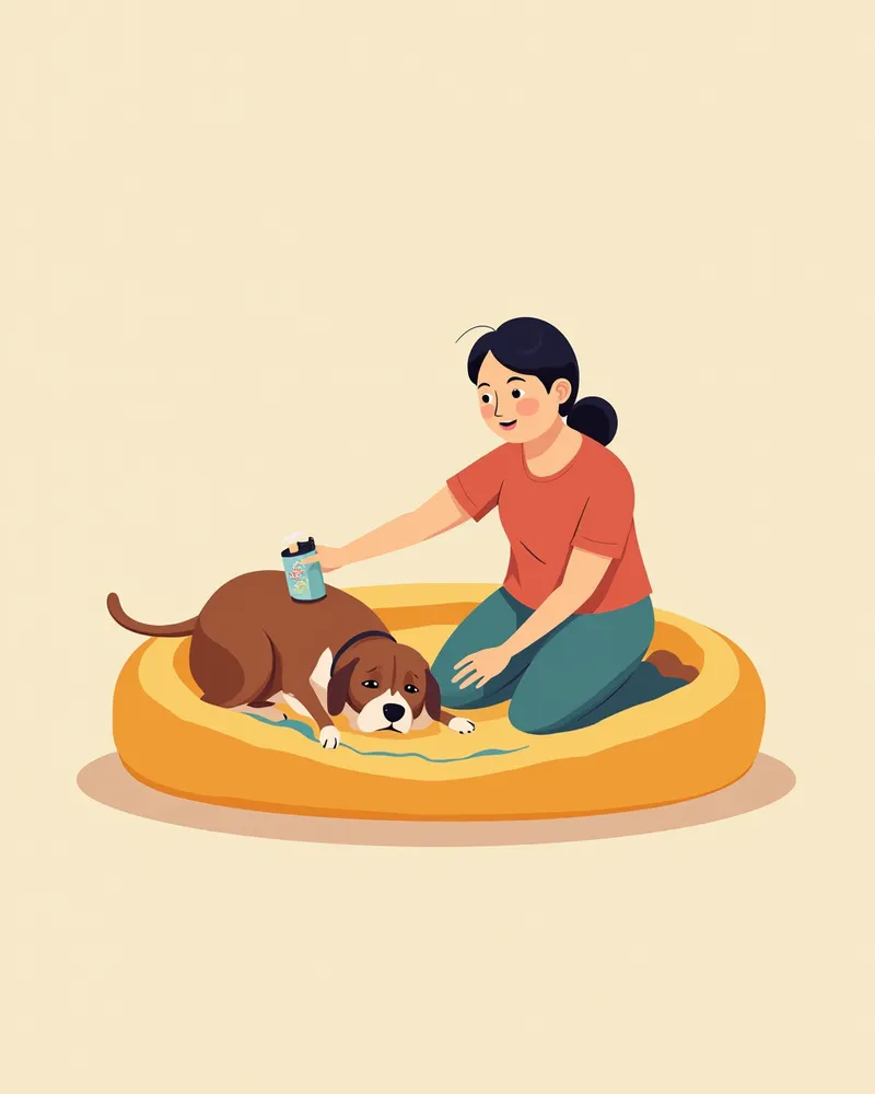 보호자가 강아지 요실금으로 인한 침대 청소를 하는 모습