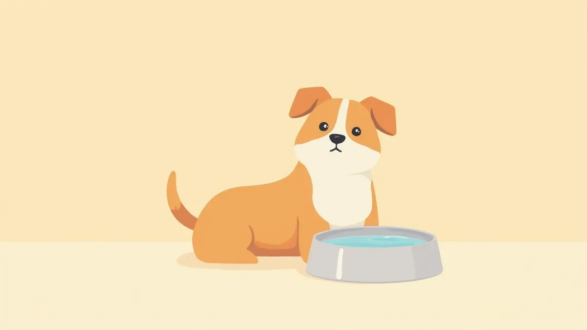 물그릇 옆에 앉아 있는 강아지 일러스트