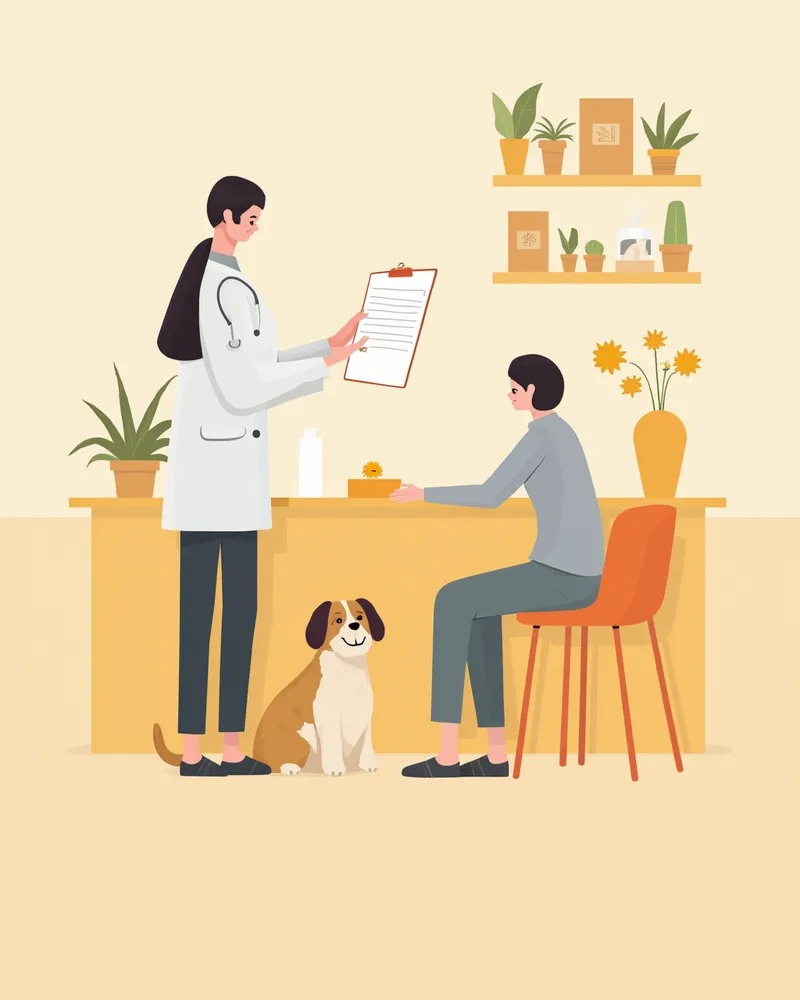 동물병원에서 상담받는 보호자와 강아지 일러스트