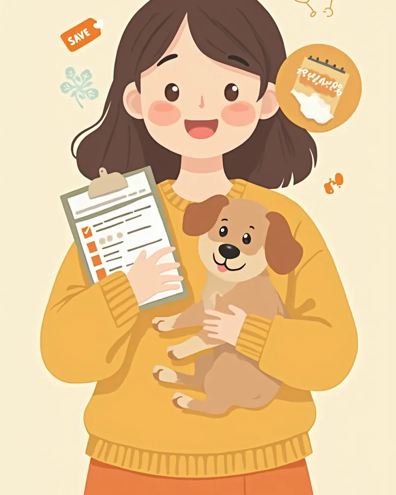 접종 수첩을 들고 있는 보호자와 강아지 일러스트