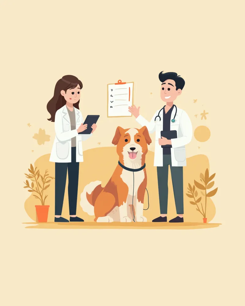 동물병원에서 정기 검진을 받는 성견 일러스트
