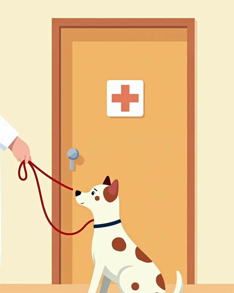 강아지가 병원 문을 조심스럽게 맡고 있는 모습