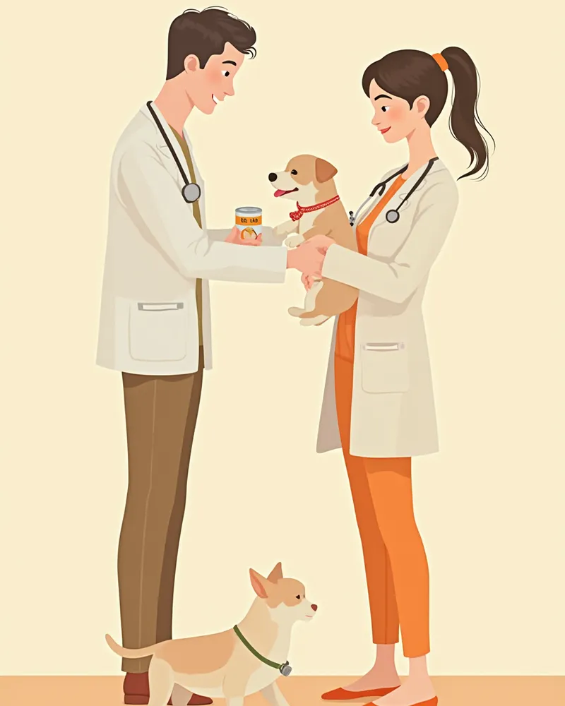 수의사가 보호자에게 회복 사료를 설명하는 장면