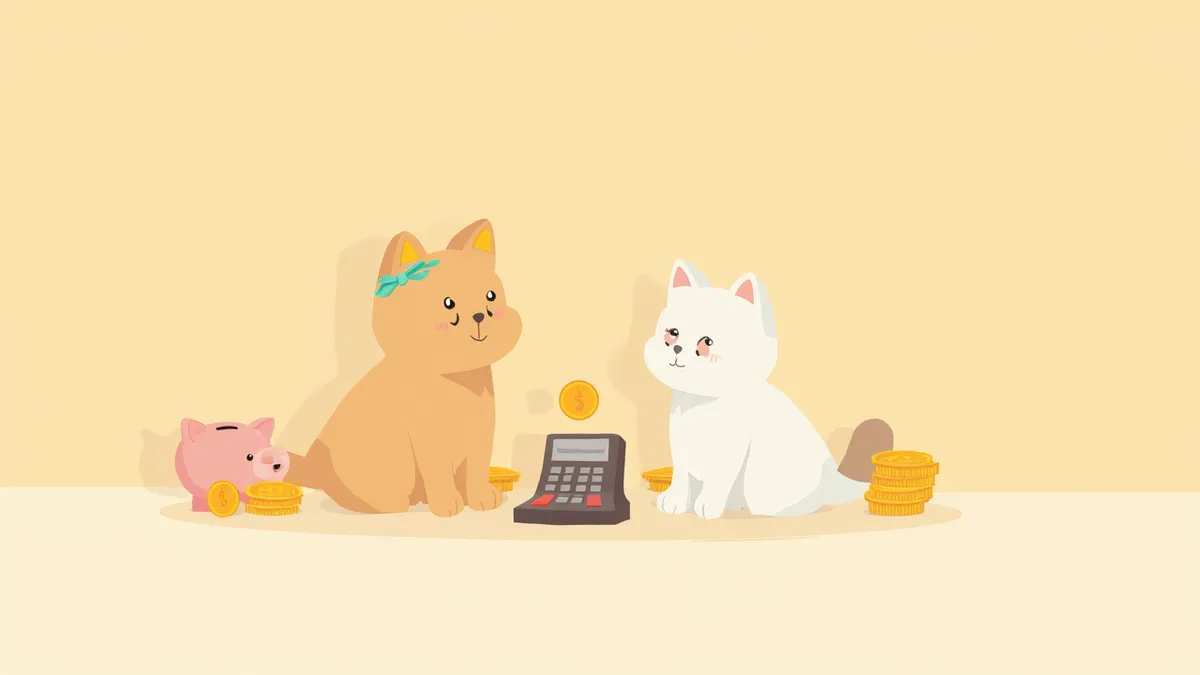 강아지와 고양이 옆에 놓인 동전과 계산기