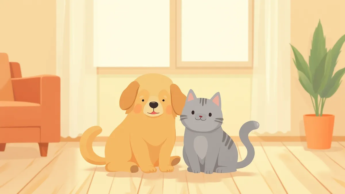 강아지와 고양이가 거실에 나란히 앉아 있는 모습
