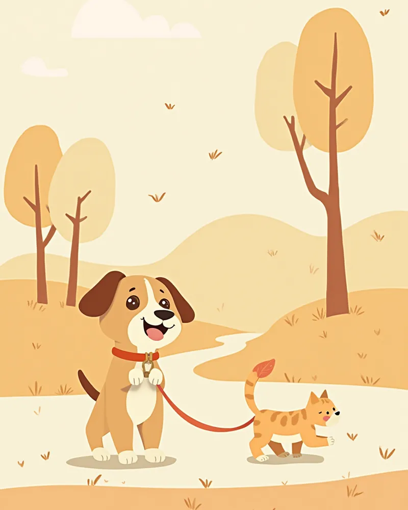산책 중인 강아지와 낚싯대 장난감을 쫓는 고양이 비교 일러스트