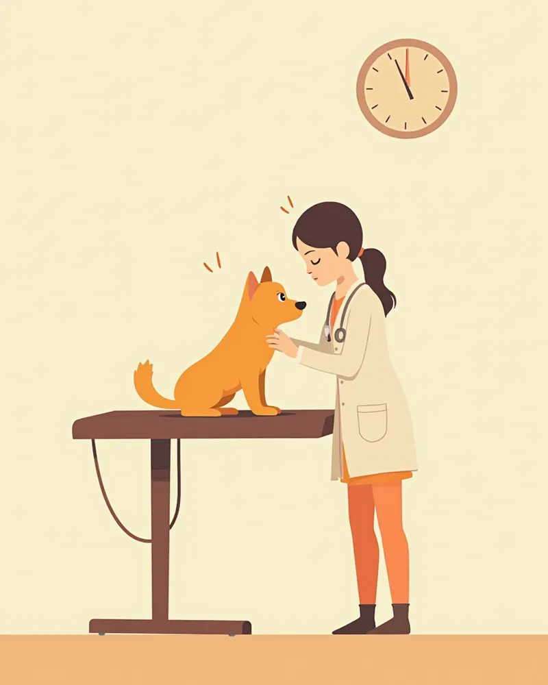 동물병원에서 떨림 증상이 있는 강아지를 진찰하는 수의사
