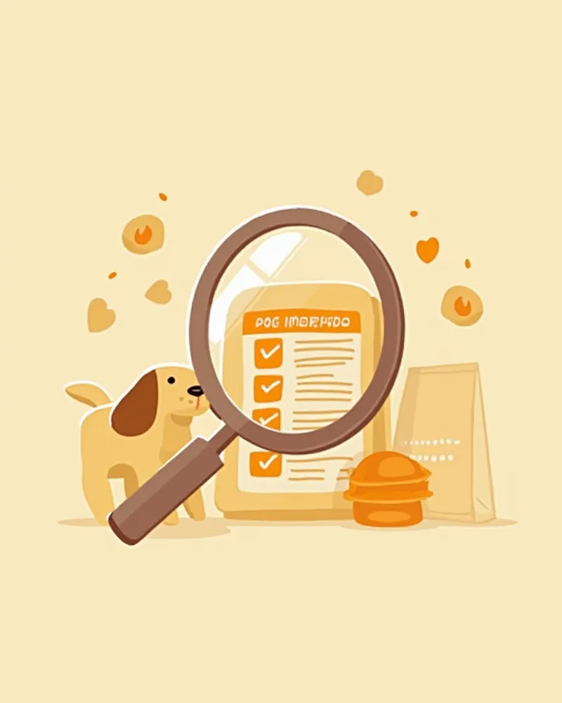 영양 성분표를 확인하는 돋보기와 사료 포장지 일러스트
