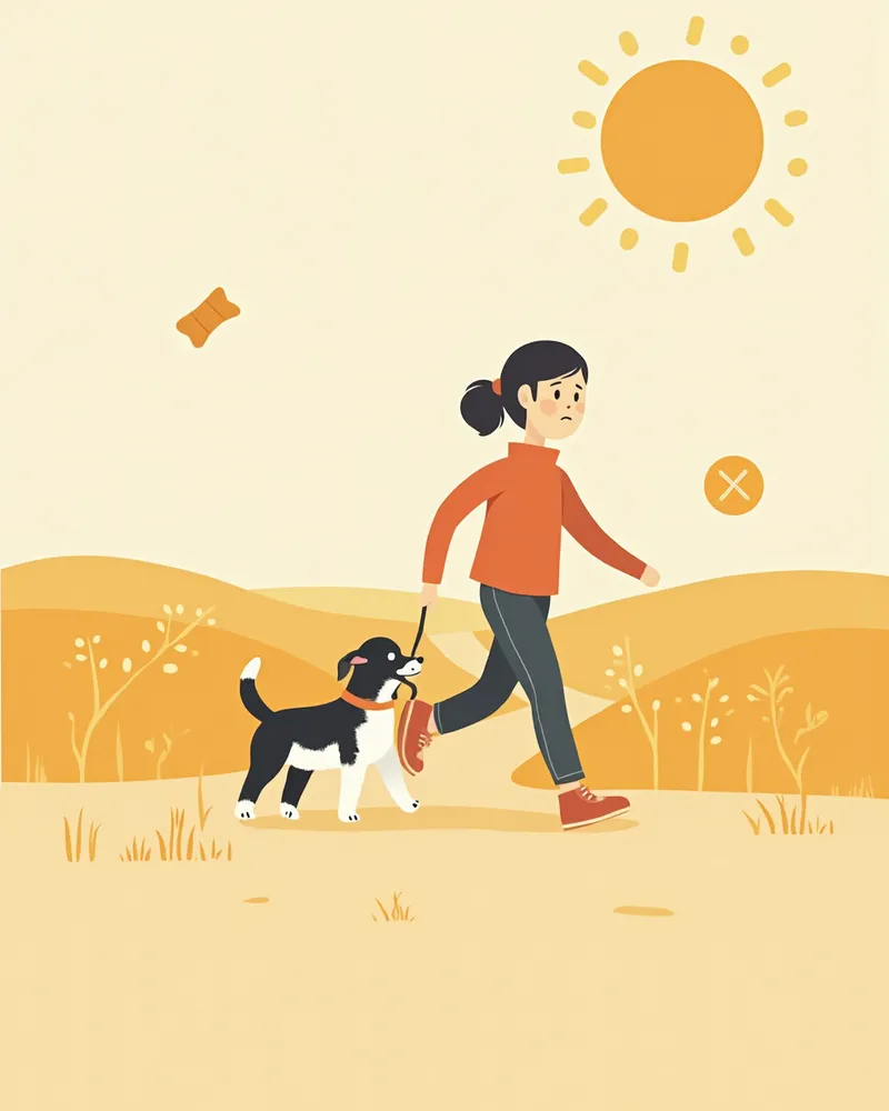 보호자와 함께 산책하는 건강한 강아지 일러스트