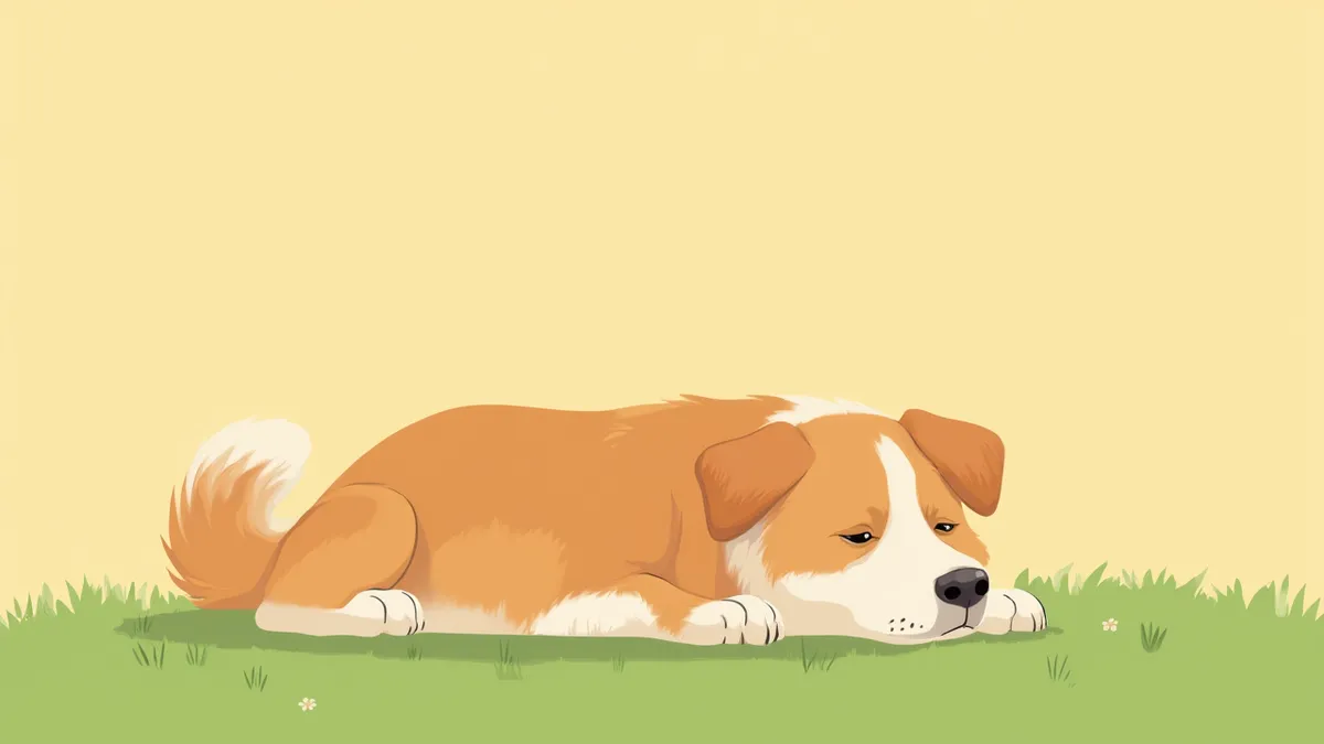 강아지 편충감염 — 잔디밭에 누워 기력이 떨어진 강아지