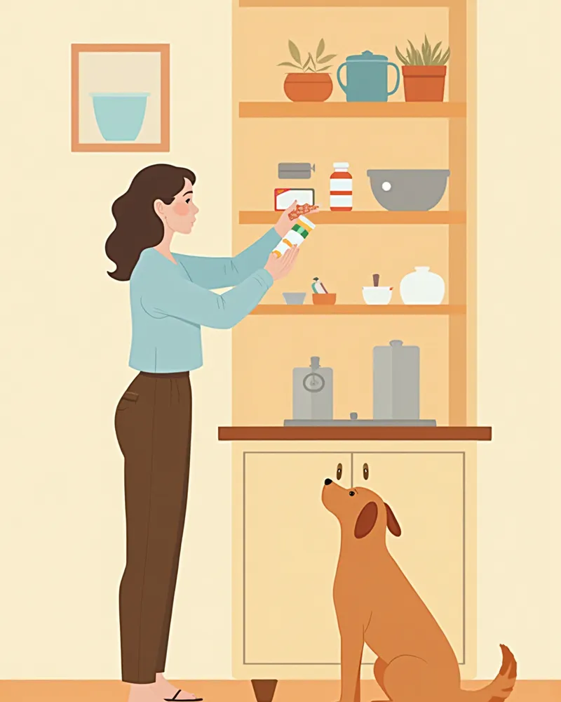 강아지 손이 닿지 않는 곳에 무설탕 껌과 치약을 정리하는 보호자