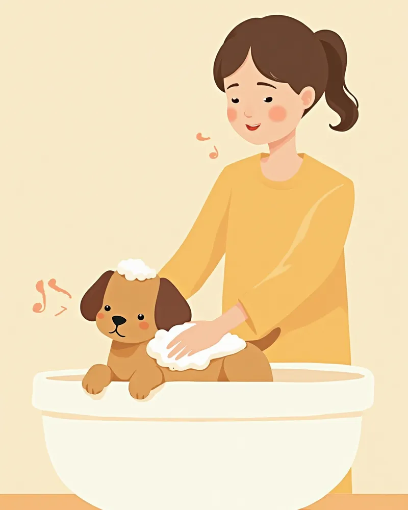 강아지 등에 약용 샴푸 거품을 부드럽게 내고 있는 보호자