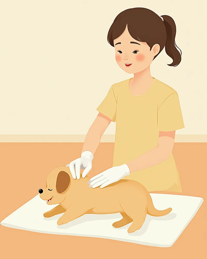 보호자가 장갑을 끼고 소형견의 배액관 상태를 확인하는 모습