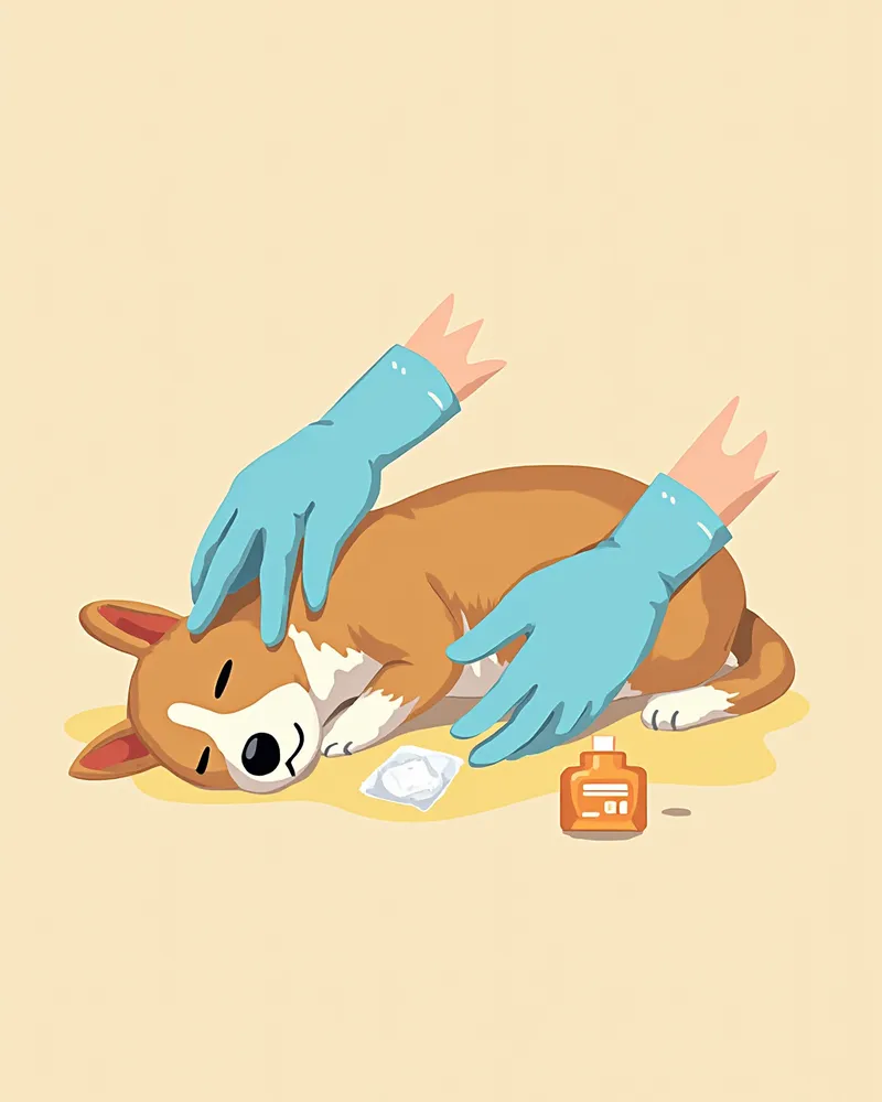 일회용 장갑을 낀 손으로 강아지 배액관 주변을 거즈로 소독하는 모습