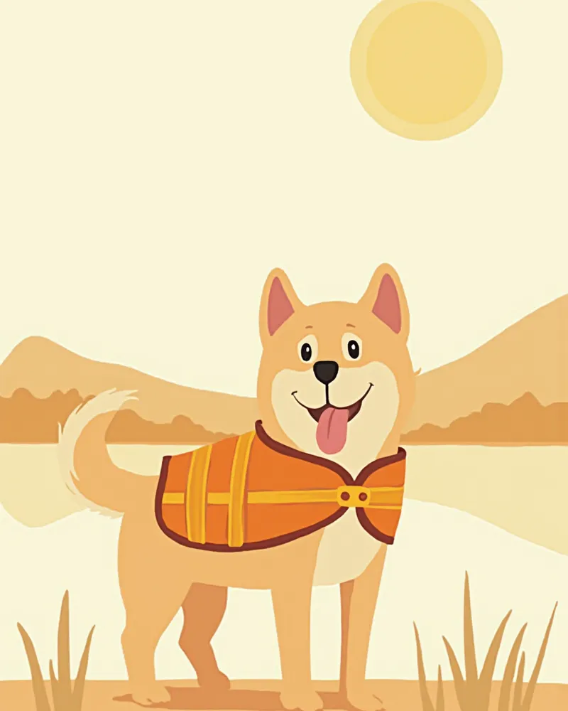 오렌지색 강아지 구명조끼를 착용하고 호숫가에 서 있는 강아지