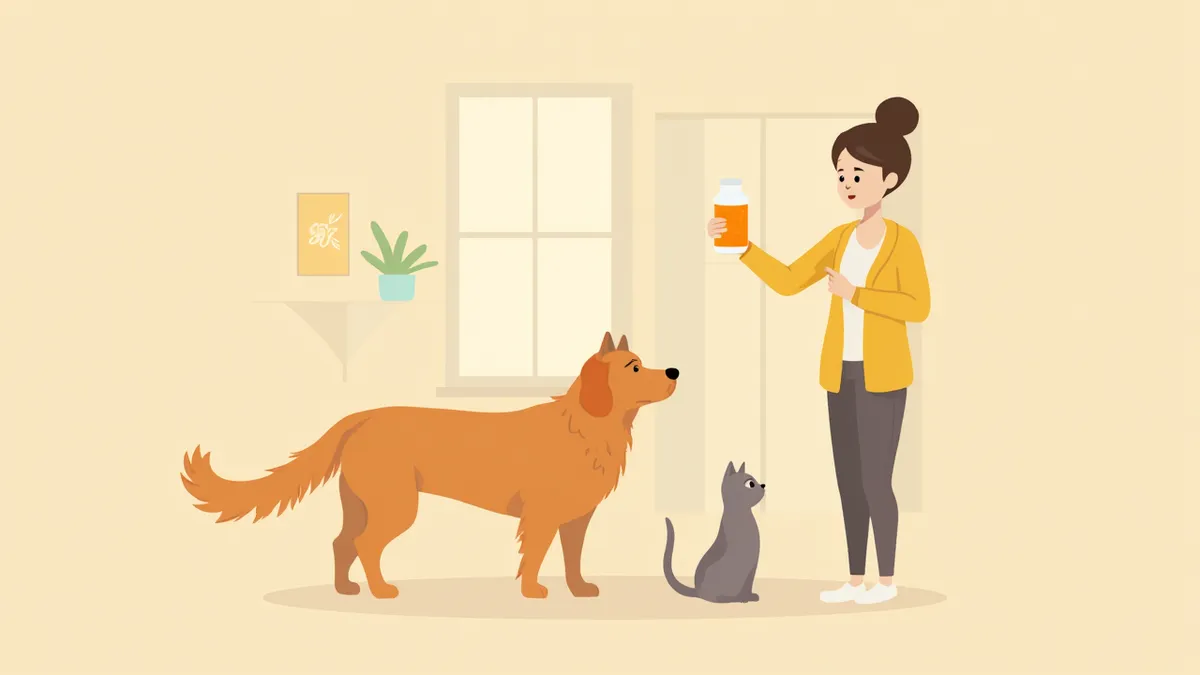 사람 약병을 든 보호자와 불안한 표정의 강아지와 고양이