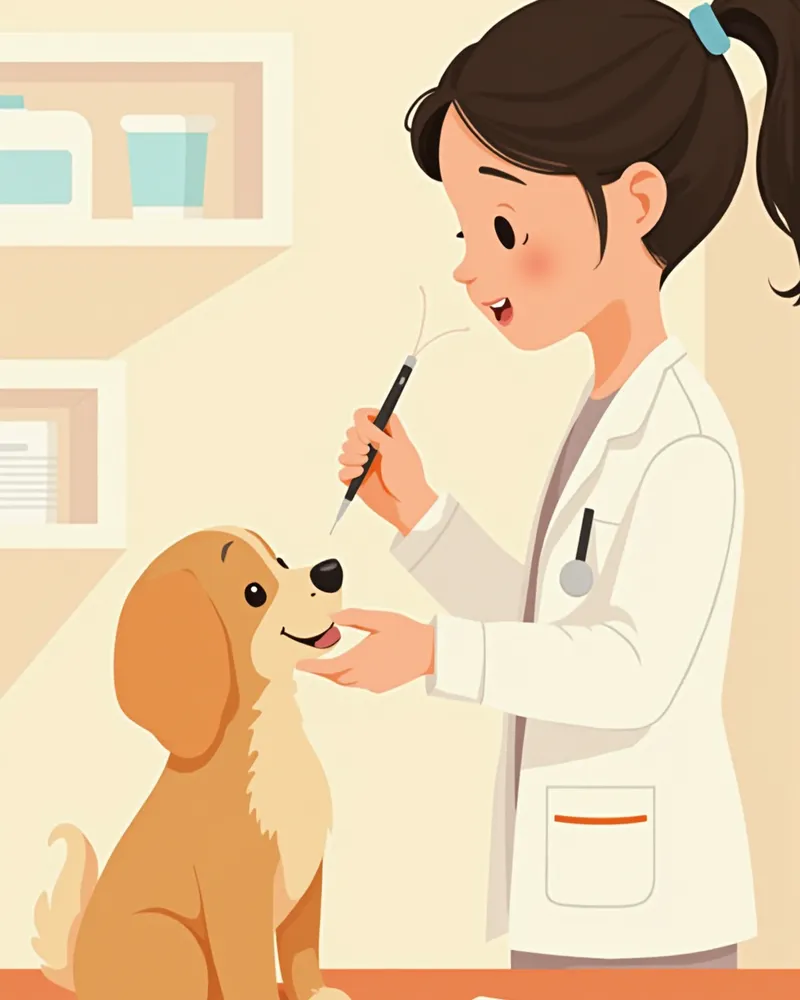 수의사가 강아지의 잇몸과 눈을 꼼꼼히 살피는 진료 장면