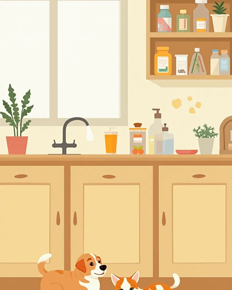 약이 안전하게 보관된 주방에서 편안하게 쉬는 강아지와 고양이