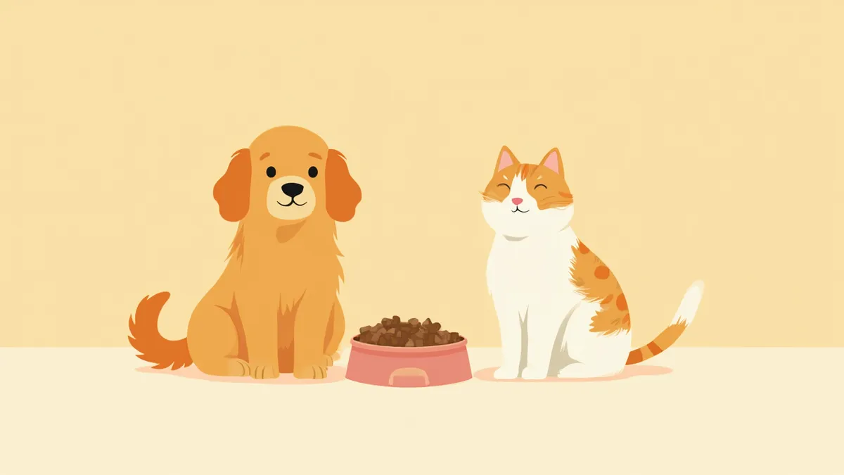 건사료와 습식 사료 두 그릇 옆에 앉아 있는 강아지와 고양이