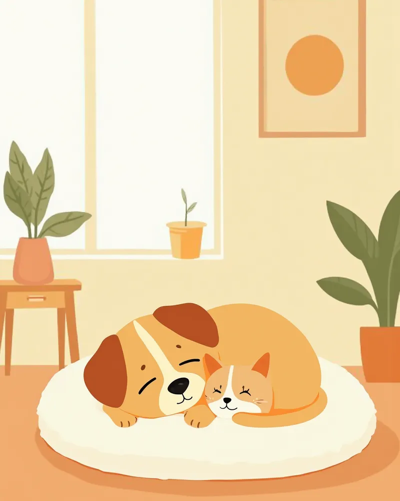 집에서 편안하게 쉬고 있는 강아지와 고양이