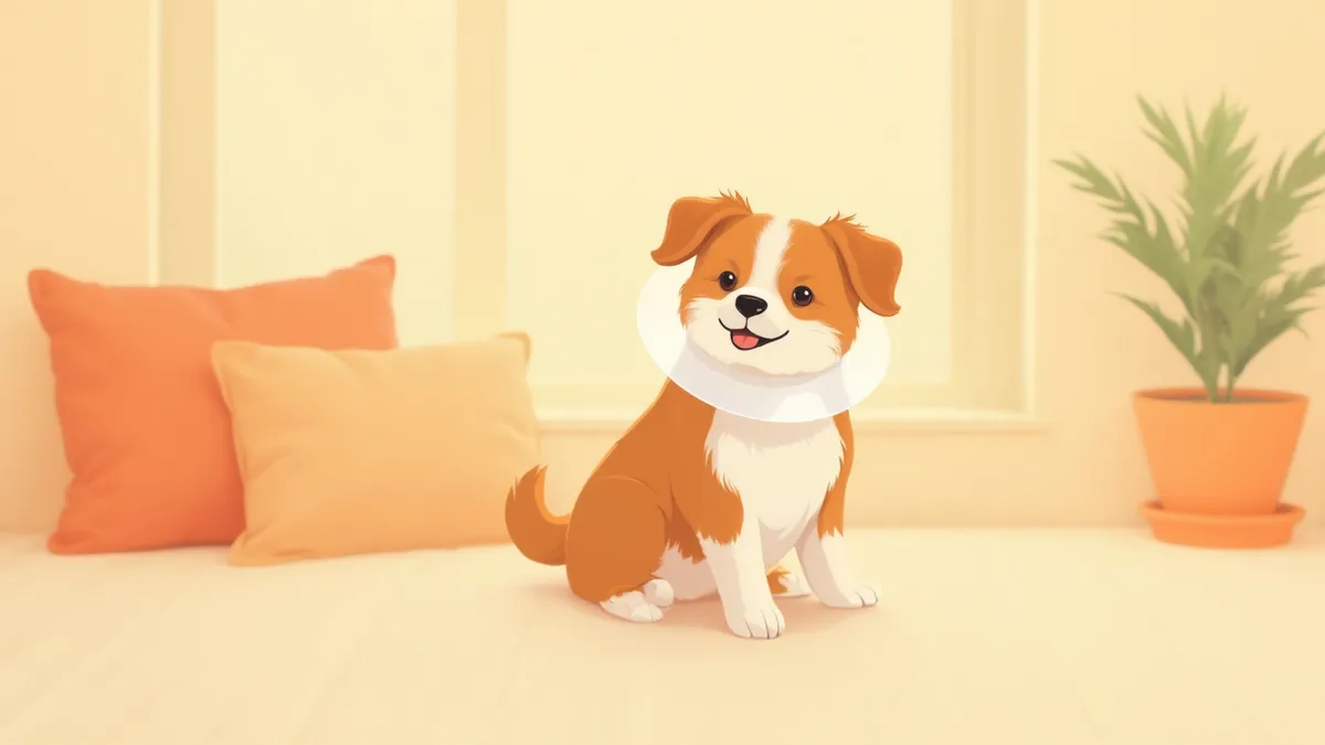 투명 엘리자베스 칼라를 착용한 강아지가 거실에서 편안하게 앉아 있는 모습