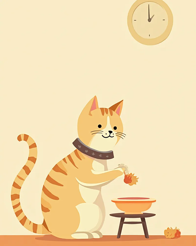 엘리자베스 칼라를 착용한 고양이가 높은 받침대 위 밥그릇에서 식사하는 모습