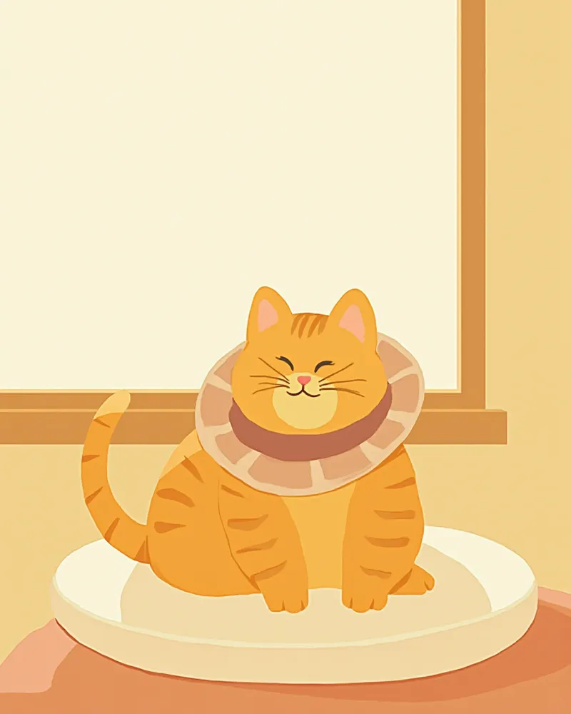 소프트 칼라를 착용한 고양이가 창가 쿠션 위에서 쉬고 있는 모습