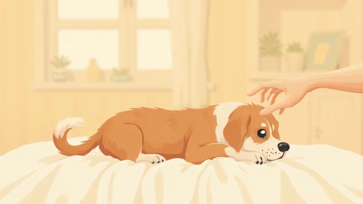 부풀어 오른 귀를 가진 강아지를 보호자가 조심스럽게 살펴보는 모습