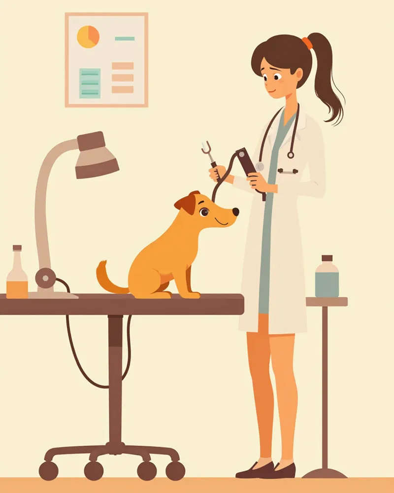 수의사가 이경으로 강아지 귀 내부를 진료하는 모습