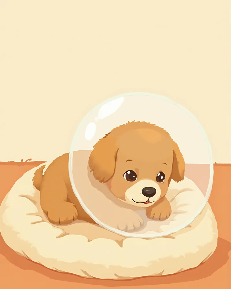 회복용 넥카라를 착용하고 편안히 쉬는 강아지