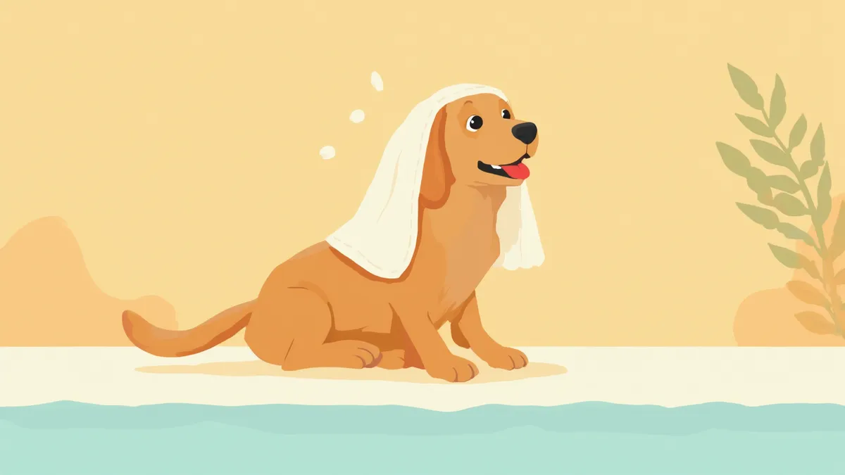 수영 후 골든 리트리버의 귀를 수건으로 닦아주는 보호자