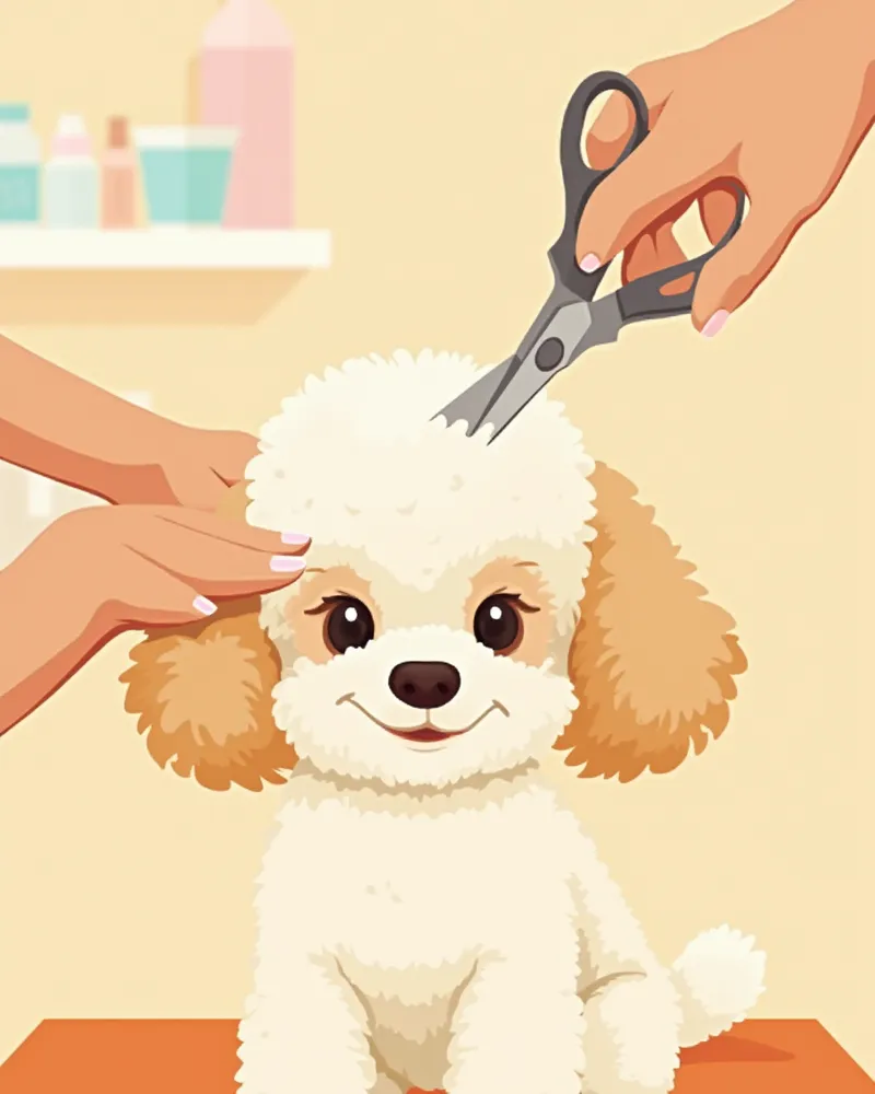 미용실에서 푸들의 귀 주변을 조심스럽게 다듬는 미용사