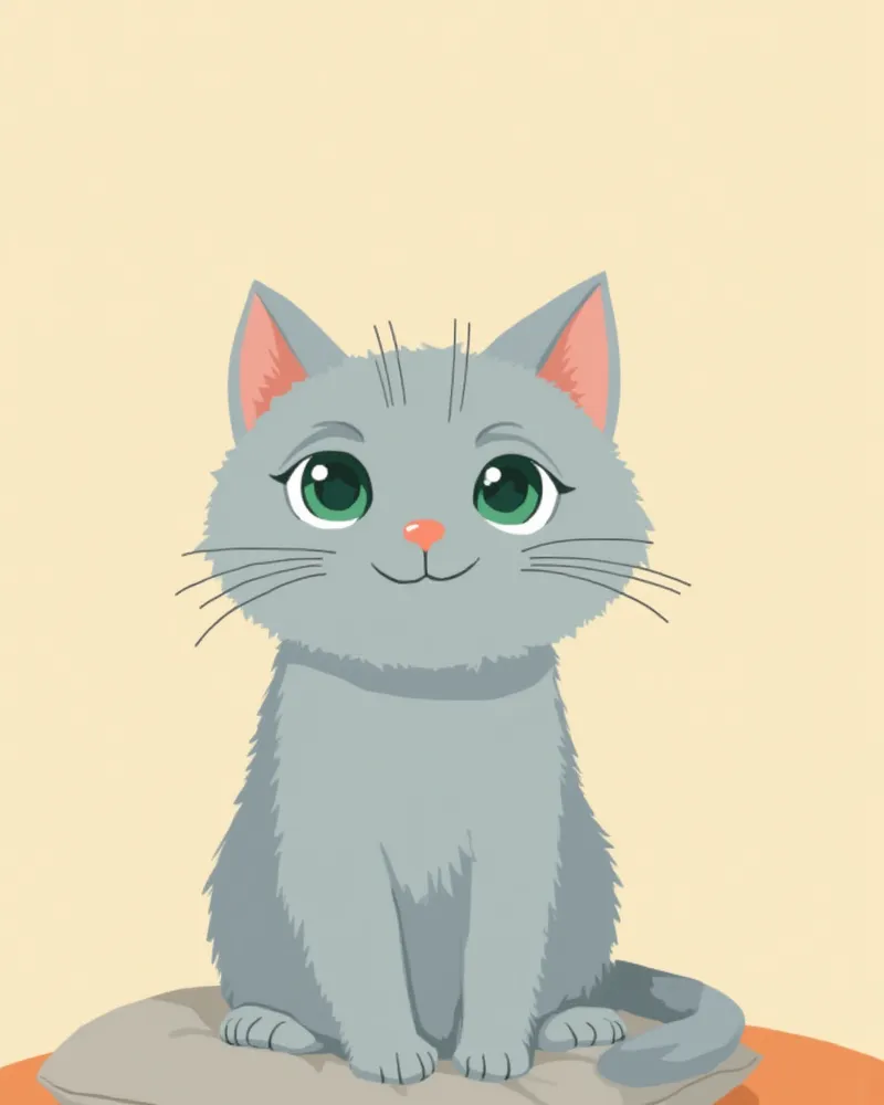 회색 쿠션 위에 우아하게 앉아 있는 러시안 블루 고양이