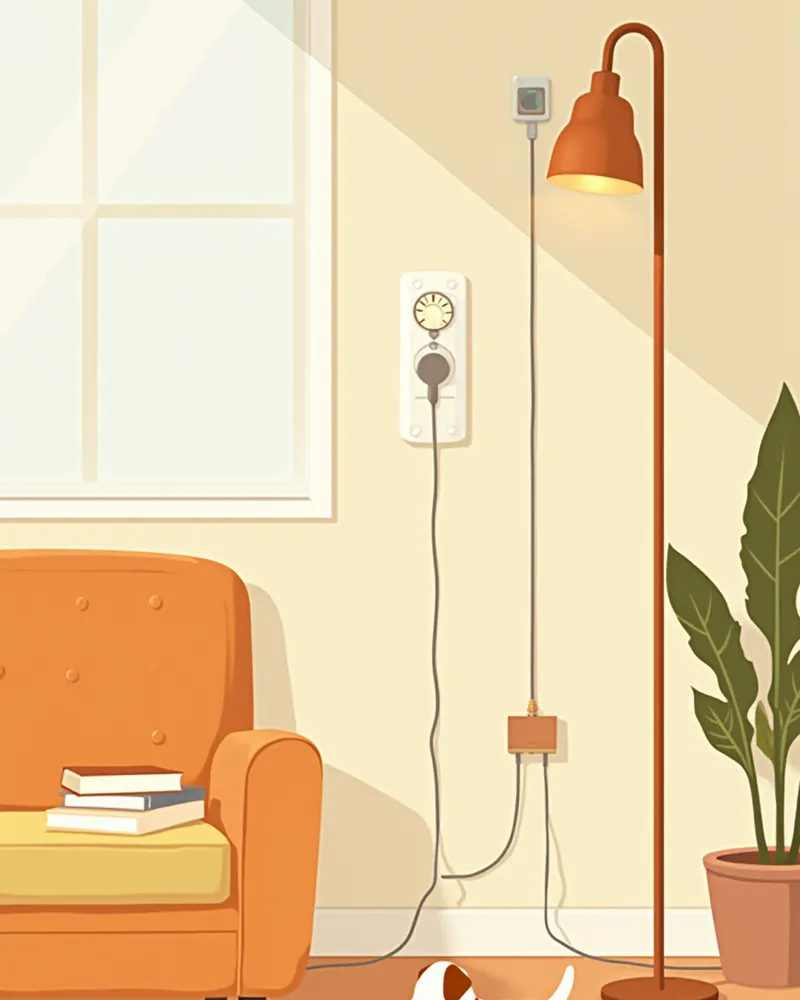 전선이 잘 정리된 안전한 거실에서 노는 강아지