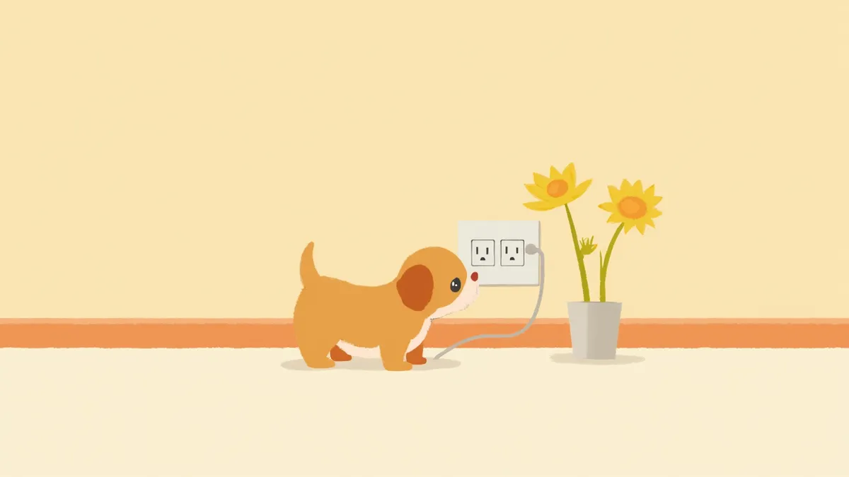 전기 콘센트 앞의 강아지와 걱정하는 보호자