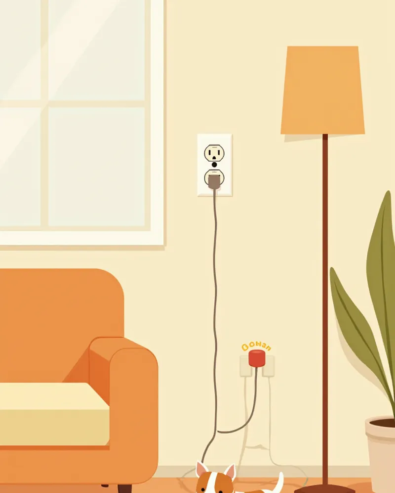 코드 커버와 콘센트 안전캡으로 정리된 반려동물 친화 거실