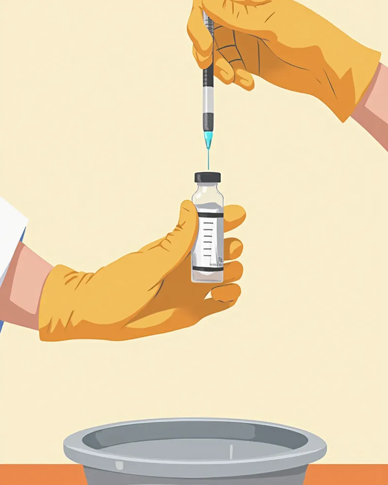 에피네프린을 주사기에 준비하는 수의사의 손